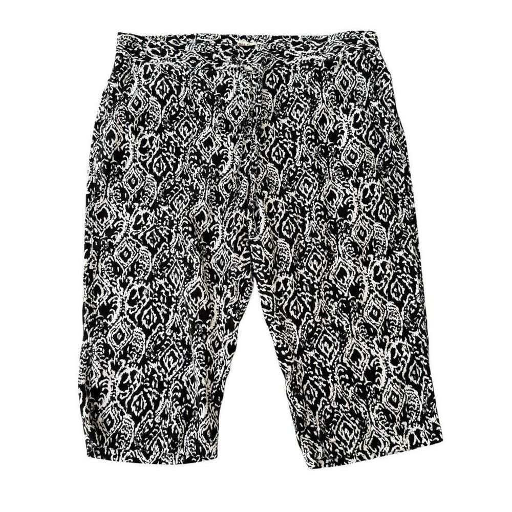 Per Se Linen Blend Capri Pants Women’s Black White Ikat Print Pull On Size 1X